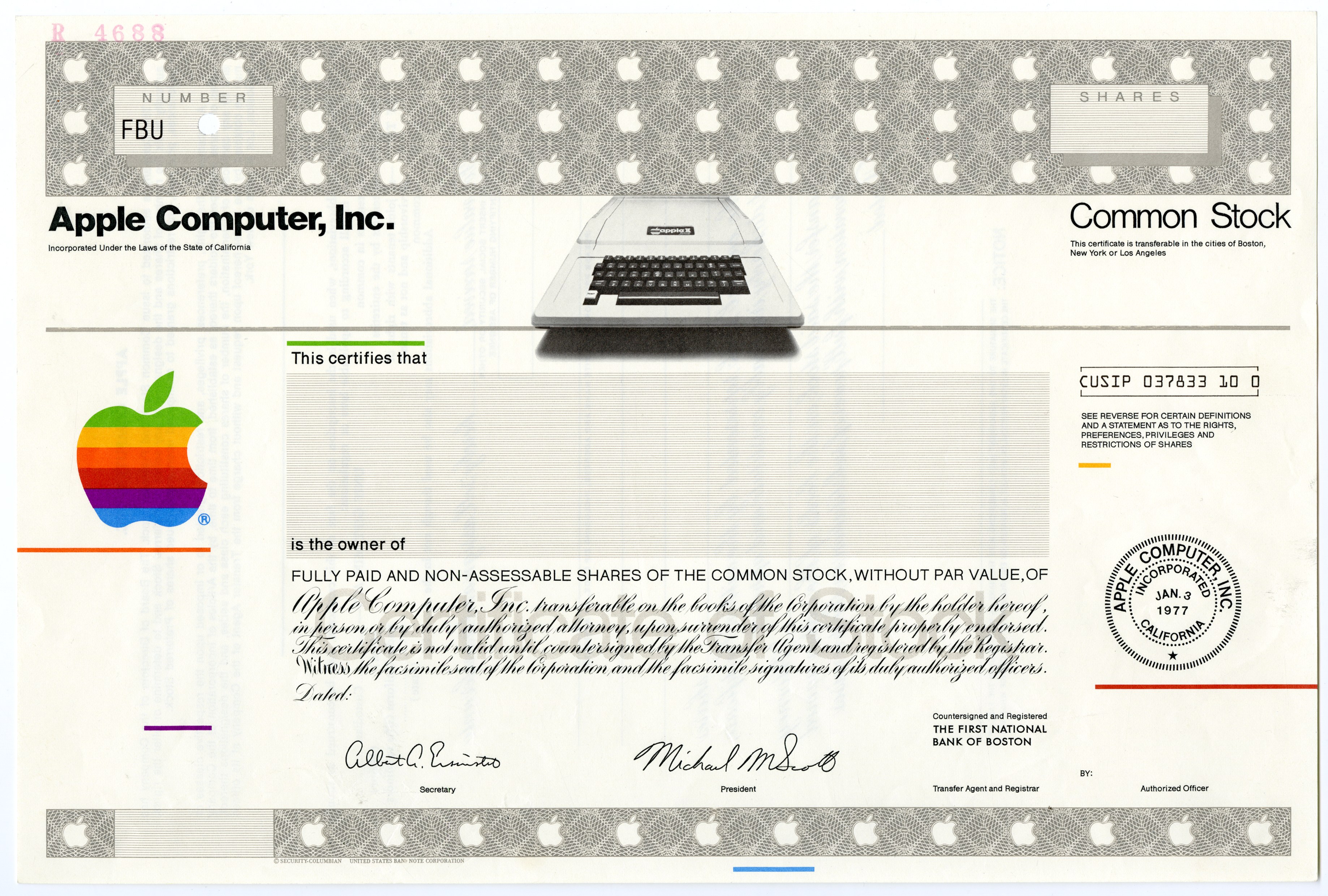 Apple Computer, Inc. common stock certificate
