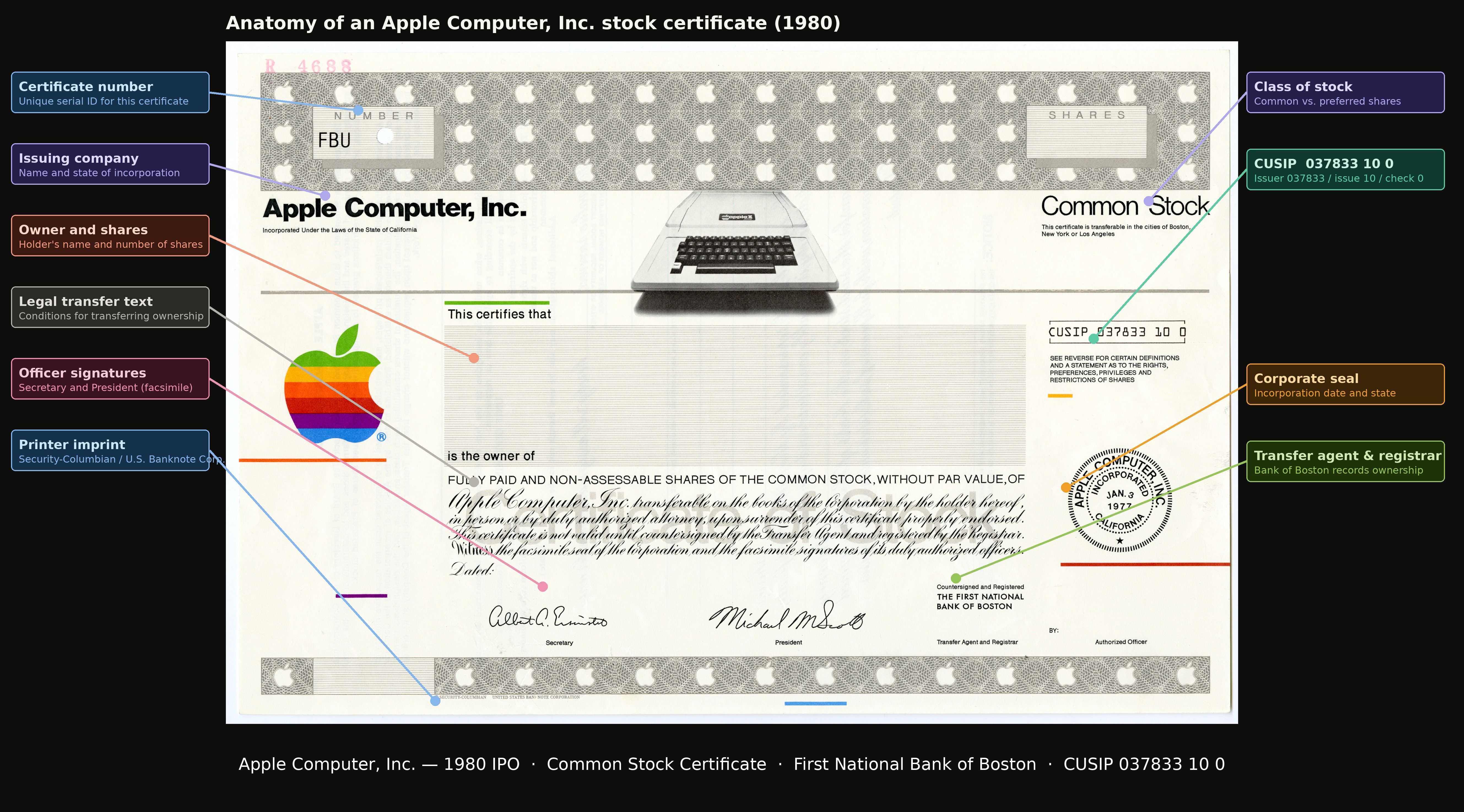 Anatomy of an Apple Computer, Inc. stock certificate, 1980, annotated diagram