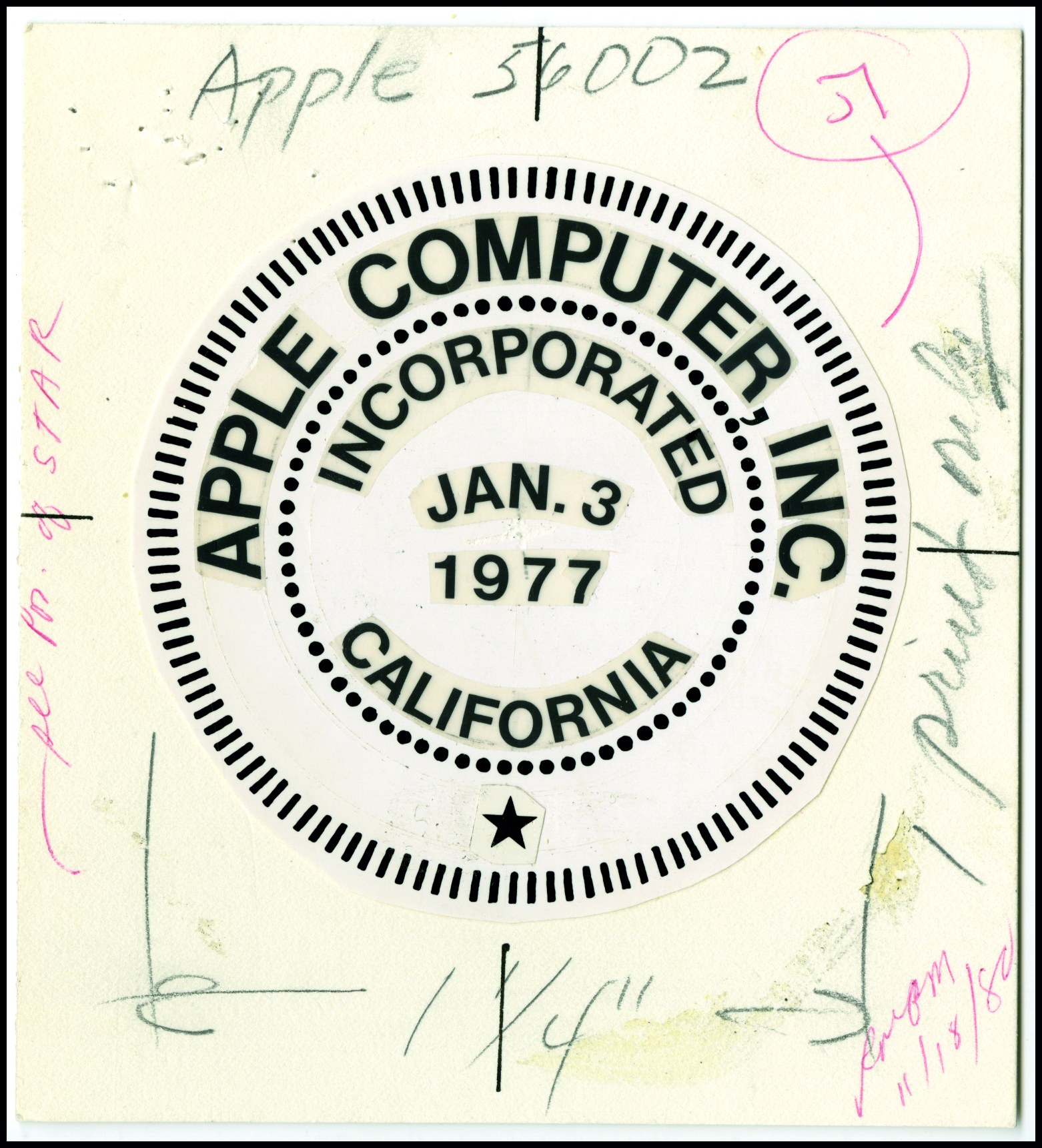 Working mockup pasteup of Apple Computer Inc corporate seal on cardboard with hand annotations dated November 18 1980